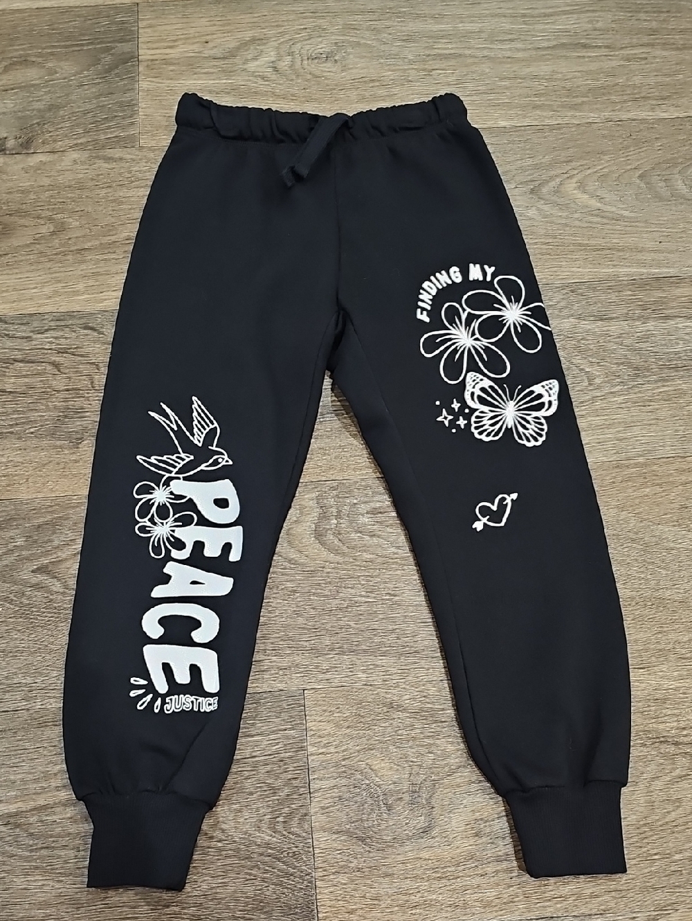Justice Black Joggers with White 'Peace' Graphics Size XS(5/6)